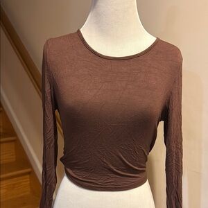 Brown Long Sleeve Top with Ruching and Tie Back